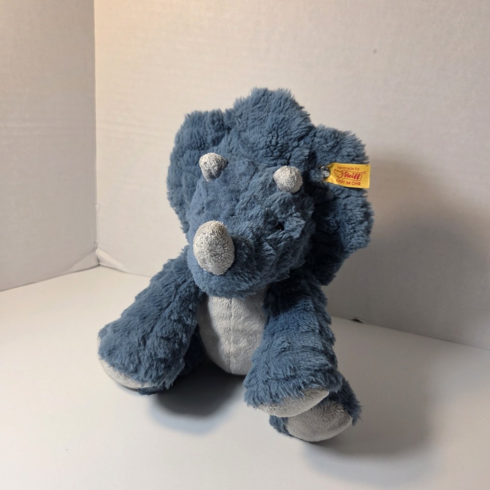 Steiff‎ Dixi Triceratops Soft Cuddly Friends Plush Blue Dinosaur 11" Pre-owned
